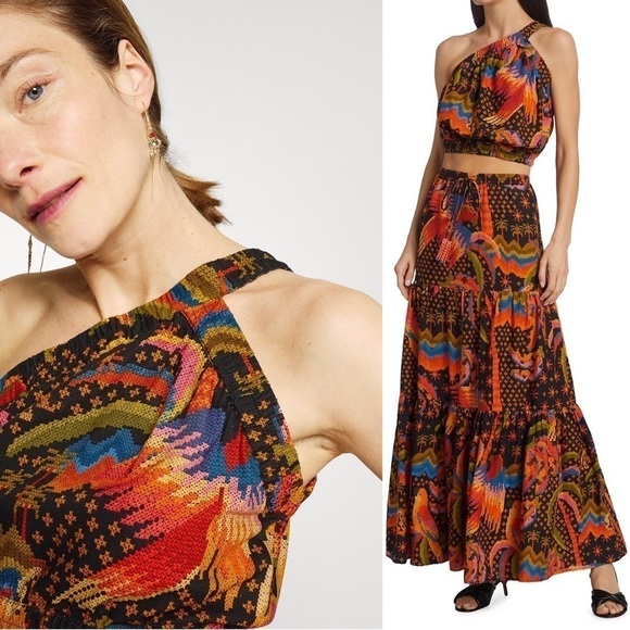 NWT FARM RIO Linen Tropical Faux Embroidery Sleeveless One Shoulder Crop Top S - Picture 2 of 16